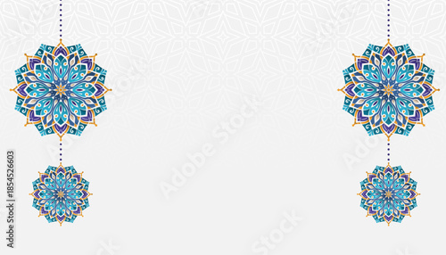 Artistic Colourful mandala border Islamic Ramadan background banner. Arabic floral wedding invitation card design.