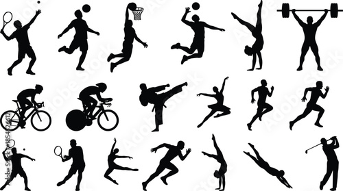 Collection of sports silhouettes showing athletes performing tennis, basketball, cycling, running, gymnastics, martial arts and weightlifting in dynamic action poses