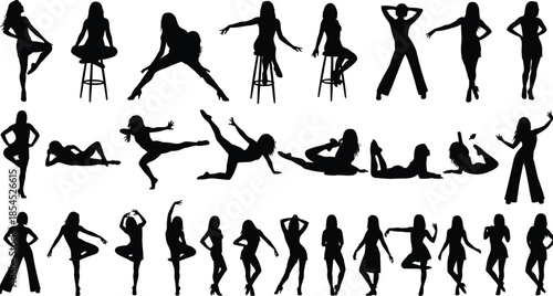 Collection of stylish female silhouettes in various fashion poses and elegant body positions isolated on white background for design
