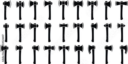Collection of various axe silhouettes isolated on white background, woodworking, camping and construction tools vector icons set for design projects