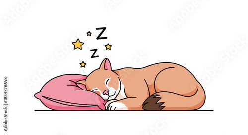 Adorable cartoon ginger cat peacefully sleeping on a soft pink pillow with 'Zzz' and stars indicating a deep, sweet dream.