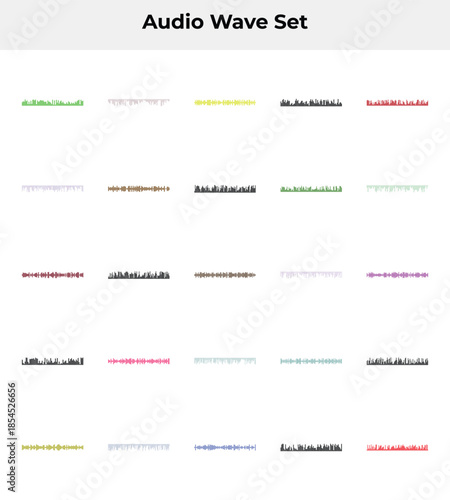 A collection of multicolored audio waveform patterns on a white background for music or sound design projects