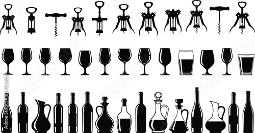 Collection of wine corkscrews glasses bottles and decanters in black silhouette vector set isolated on white background for design projects