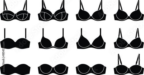 Collection of women bra silhouettes in different styles and designs, lingerie underwear icons set for fashion, clothing illustration and design projects