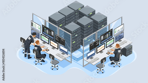 Isometric illustration of IT professionals working at computer servers in a data center with a technical and organized mood.