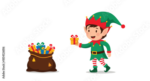 Cheerful cartoon Christmas elf in a green costume holding a yellow gift box next to a large brown sack full of presents.
