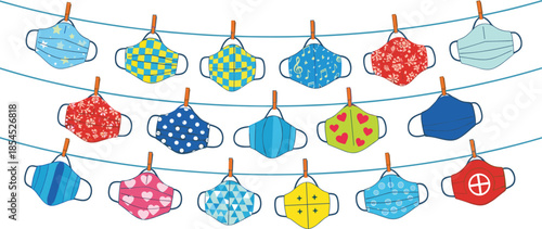 Colorful protective face masks hanging on clotheslines, collection of patterned medical masks for health safety, hygiene and pandemic prevention