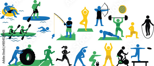 Colorful sport and fitness activity pictogram icons set featuring yoga training swimming running gym workouts and outdoor recreation concepts