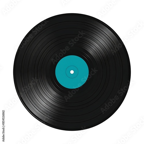 Close-up of black vinyl record with a teal label