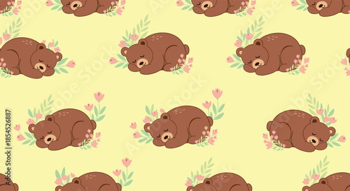 Adorable seamless pattern featuring cute brown bears sleeping peacefully among delicate pink flowers on a soft yellow background.