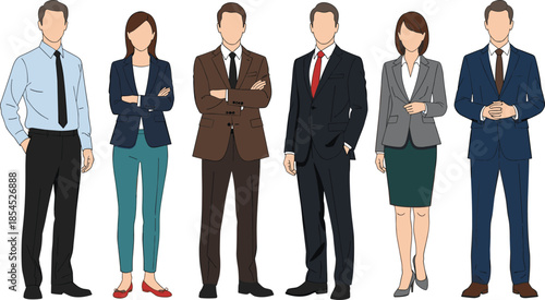 Confident professional business men and women standing together wearing formal office attire isolated on white background flat vector illustration corporate team concept