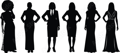 Elegant women silhouettes in formal dresses and business outfits standing confident pose collection, fashion female figures vector illustration set