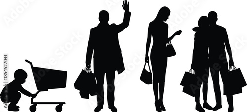 Family shopping silhouettes showing parents and child with bags and cart representing modern retail consumer lifestyle isolated on white background