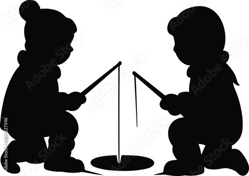 Children Ice Fishing Silhouette – Calm Winter Alaska Vector Illustration