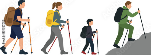 Family hiking together with backpacks and trekking poles illustration representing outdoor adventure travel teamwork endurance and healthy active lifestyle