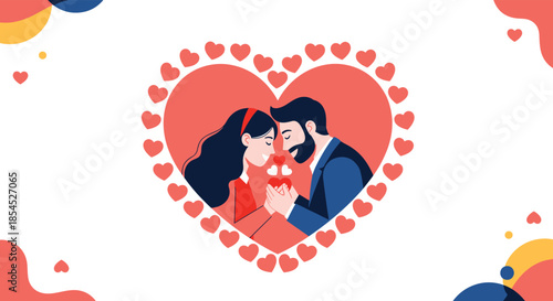 Loving couple holding a small heart inside a large heart frame, creating a romantic and affectionate illustration for Valentine's Day.