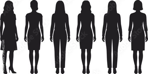 Female standing silhouettes set of women in business and casual outfits, front view vector illustration isolated on white background