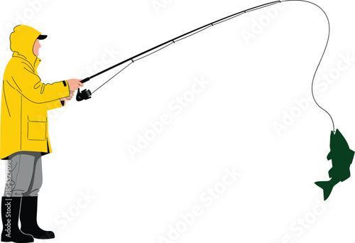 Fisherman in yellow raincoat catching fish with rod, outdoor sport fishing activity, isolated flat vector illustration on white background