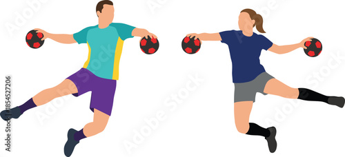 Handball sports illustration showing male and female players jumping and throwing ball during intense competitive match action isolated on white