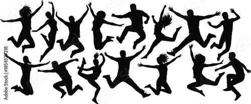 Happy energetic people silhouettes jumping together in celebration, joyful friends in motion expressing freedom excitement and success concept illustration
