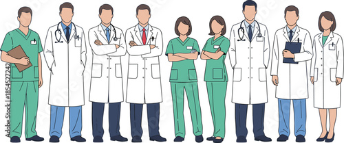 Healthcare professionals illustration featuring diverse doctors and nurses in medical uniforms standing confidently together isolated on white background