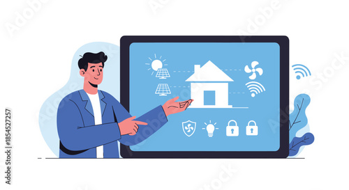 Man presenting a smart home control system on a large tablet, showcasing icons for energy, security, and climate automation.