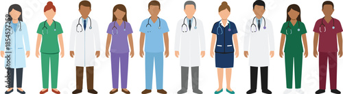 Healthcare professionals illustration showing diverse doctors and nurses in medical uniforms standing together isolated on white background for healthcare design