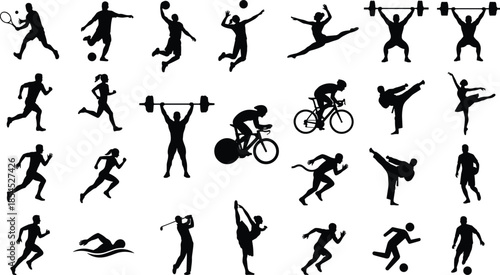 Large collection of sports silhouettes showing athletes performing tennis, football, basketball, cycling, running, gymnastics, swimming and weightlifting actions