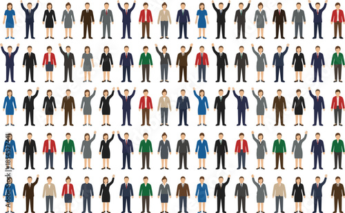 Large diverse business people character collection illustration featuring male and female professionals in formal attire representing teamwork, diversity and corporate workforce