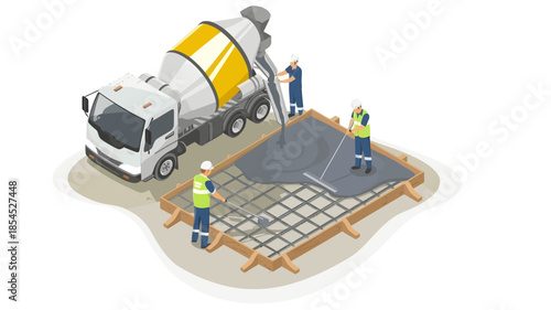 Illustration of construction workers pouring concrete from a mixer truck onto a foundation grid