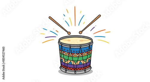 Vibrant and colorful festival drum being played with two drumsticks, creating a burst of energy and sound for a celebration.