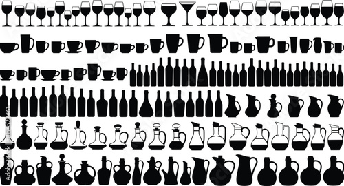 Large drinkware silhouette collection with wine glasses, coffee cups, bottles and jugs, black vector kitchen beverage icons for design