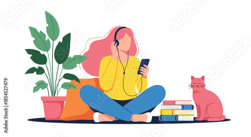 Young woman with pink hair relaxes at home, listening to music on headphones with her cat, a stack of books, and a houseplant.