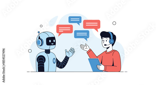 Human customer service agent with a headset collaborating with an AI robot chatbot to provide efficient user support and assistance.