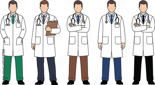 Male doctors illustration set featuring professional physicians in lab coats with stethoscopes and medical documents isolated on white background