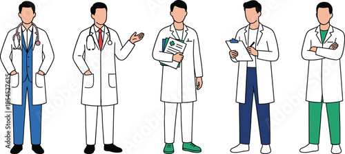 Male doctors illustration set showing healthcare professionals in lab coats holding documents isolated on white background for medical design