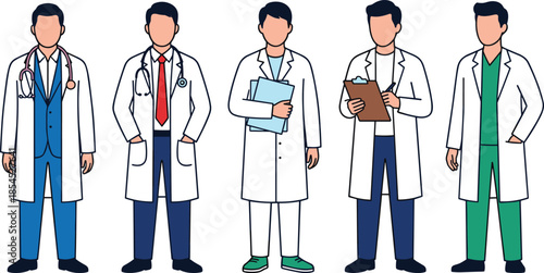 Male doctors illustration set showing healthcare professionals in lab coats holding medical documents isolated on white background for medical design