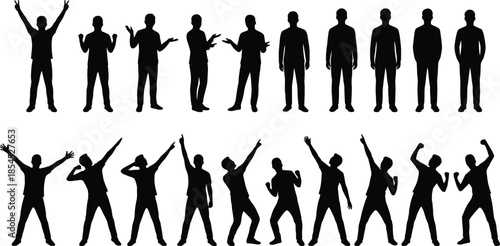 Male human silhouette set showing standing, cheering and gesturing people expressing celebration, communication, teamwork and success isolated on white