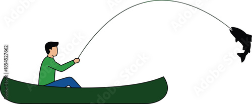Man fishing from canoe illustration showing angler catching fish on lake, outdoor recreation, sport fishing, minimal flat vector style
