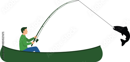 Man fishing from canoe with bent rod catching fish, outdoor recreation, sport fishing adventure, minimal flat vector illustration