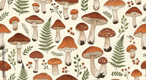 Vintage-style seamless pattern with detailed illustrations of various forest mushrooms, fern leaves, and wild berries on a cream background.