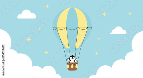 Adorable cartoon penguin enjoys a magical journey in a yellow hot air balloon, floating through a dreamy blue sky with clouds.