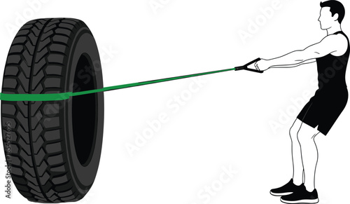 Man performing tire resistance band workout exercise for strength training muscle building functional fitness isolated vector illustration concept
