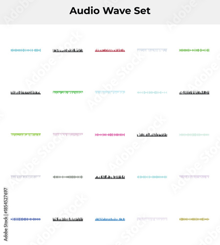 A collection of colorful audio waveform patterns on a white background for music or sound design projects