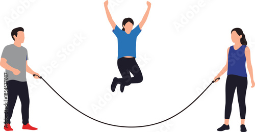 People doing group jump rope exercise illustration showing teamwork fitness cardio training healthy lifestyle activity isolated on white background