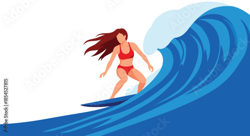 Athletic young woman with long hair skillfully rides a massive blue ocean wave on her surfboard, embodying an active summer lifestyle.