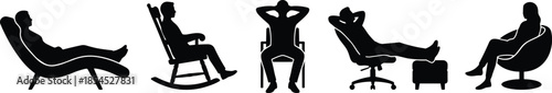 People silhouette illustration relaxing and sitting on different chairs, black vector collection representing comfort, rest, leisure time, and modern lifestyle concepts