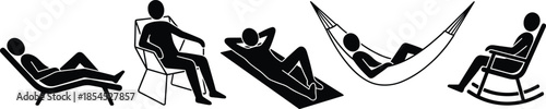 People silhouette illustration relaxing on lounge chairs, hammock, and rocking chair, black vector collection representing rest, comfort, leisure, and calm lifestyle