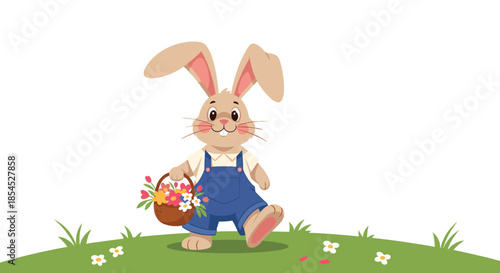Adorable cartoon rabbit wearing blue overalls walking cheerfully on a grassy hill while carrying a wicker basket full of colorful flowers.