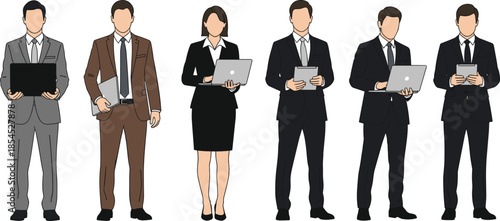 Professional business men and women using laptops and digital tablets standing together isolated on white background modern corporate technology teamwork flat vector illustration
